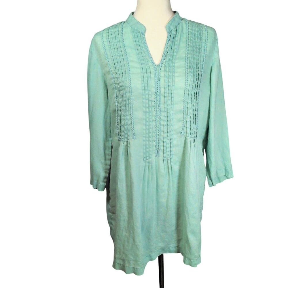 J. Jill 100% Linen Pintuck Pleated 3/4 Sleeve Teal Tunic Top Dress Size Medium